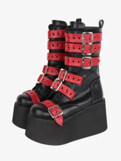 Bottes Lolita Gothiques Cuir PU Œillets Bicolores Bout Rond Chaussures Lolita Noires