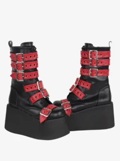Bottes Lolita Gothiques Cuir PU Œillets Bicolores Bout Rond Chaussures Lolita Noires