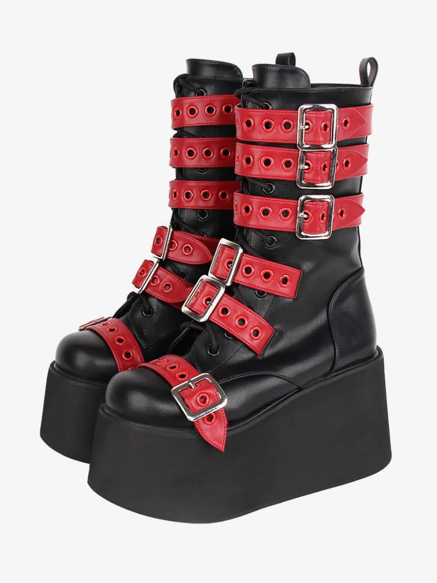 Bottes Lolita Gothiques Cuir PU Œillets Bicolores Bout Rond Chaussures Lolita Noires