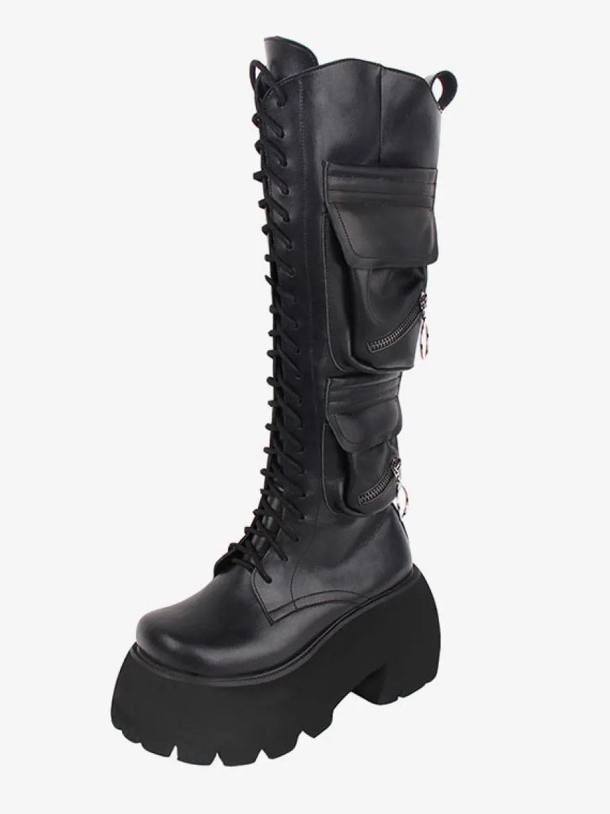 Bottes Lolita Gothiques Cuir PU PU Bout Rond Chaussures Lolita Noires