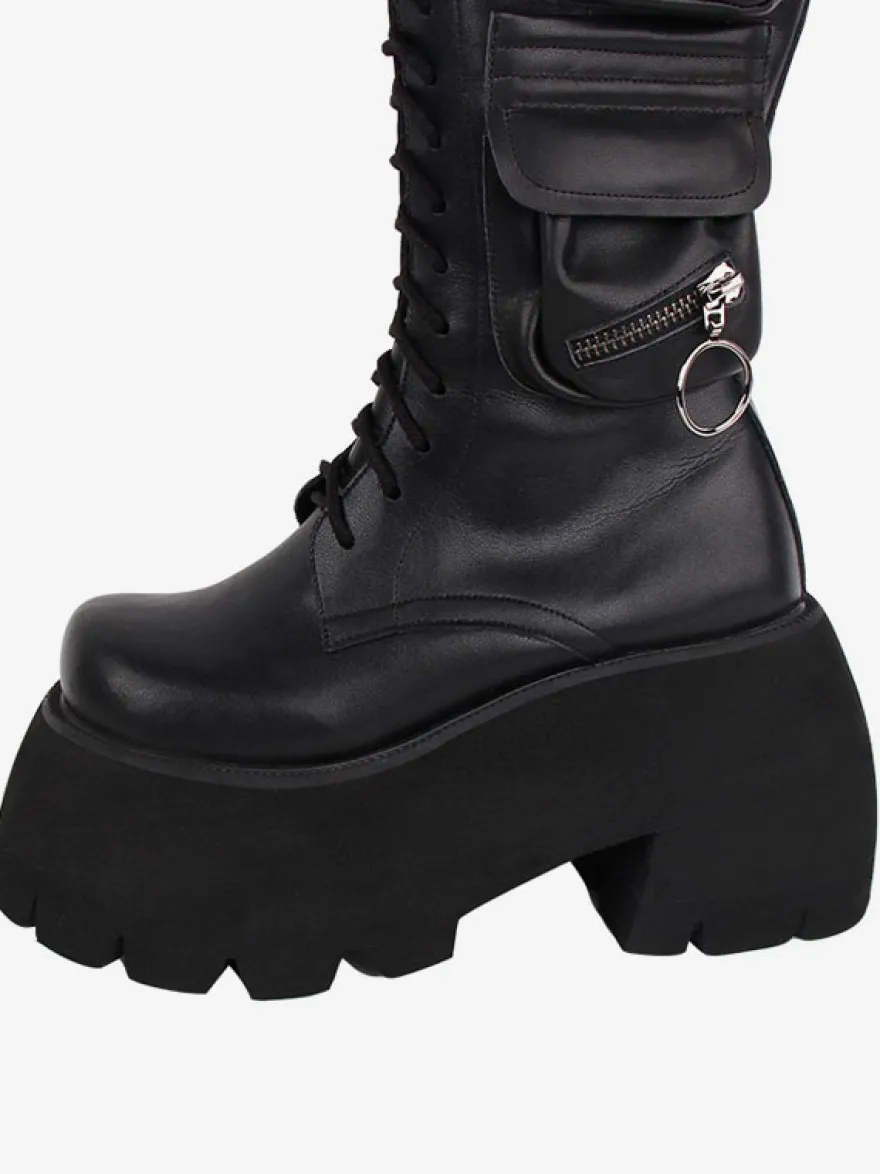 Bottes Lolita Gothiques Cuir PU PU Bout Rond Chaussures Lolita Noires