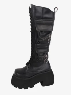 Bottes Lolita Gothiques Cuir PU PU Bout Rond Chaussures Lolita Noires