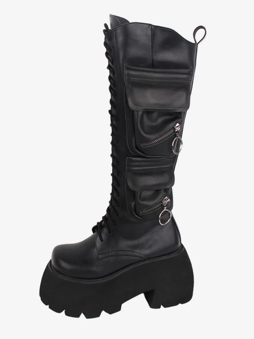 Bottes Lolita Gothiques Cuir PU PU Bout Rond Chaussures Lolita Noires