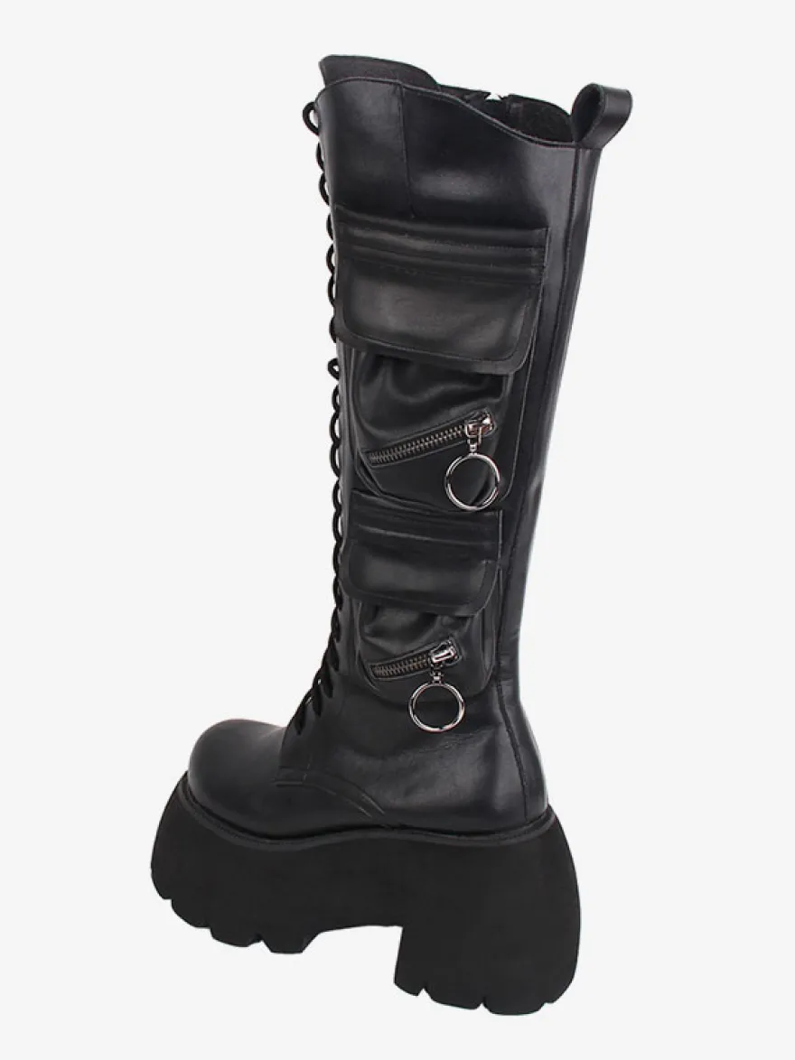 Bottes Lolita Gothiques Cuir PU PU Bout Rond Chaussures Lolita Noires