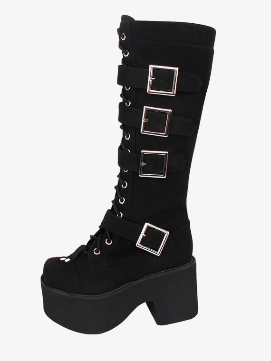 Bottes Lolita Gothiques Cuir PU PU Bout Rond Chaussures Lolita Noires