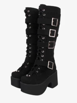 Bottes Lolita Gothiques Cuir PU PU Bout Rond Chaussures Lolita Noires