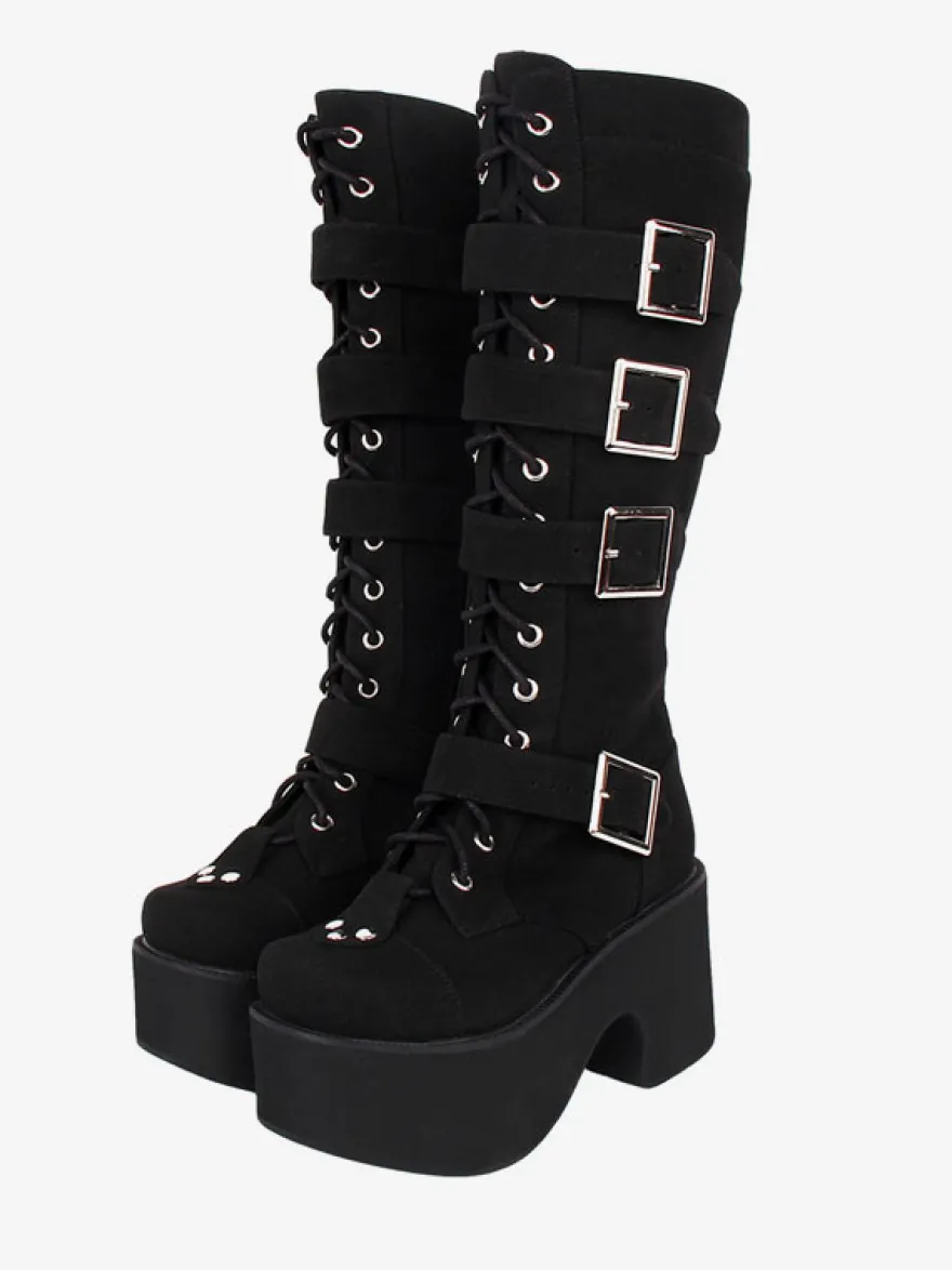 Bottes Lolita Gothiques Cuir PU PU Bout Rond Chaussures Lolita Noires