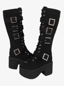 Bottes Lolita Gothiques Cuir PU PU Bout Rond Chaussures Lolita Noires
