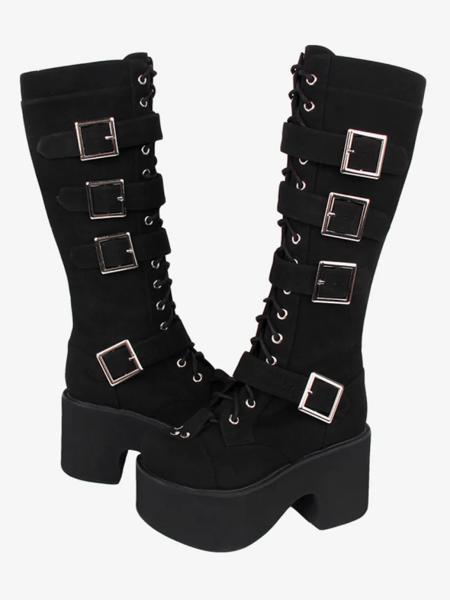 Bottes Lolita Gothiques Cuir PU PU Bout Rond Chaussures Lolita Noires