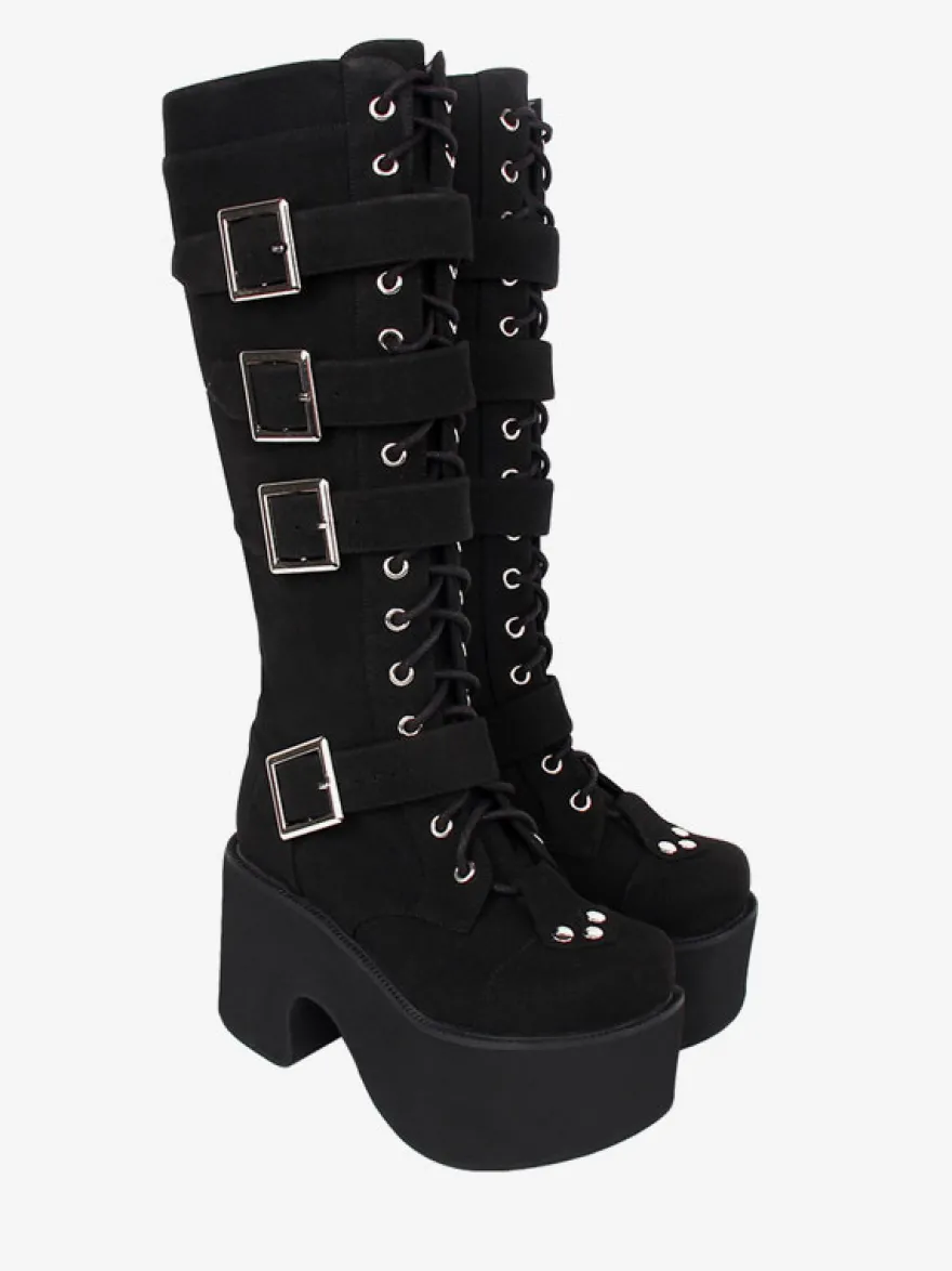 Bottes Lolita Gothiques Cuir PU PU Bout Rond Chaussures Lolita Noires