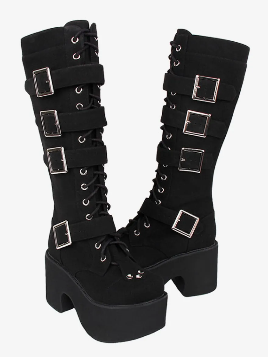 Bottes Lolita Gothiques Cuir PU PU Bout Rond Chaussures Lolita Noires