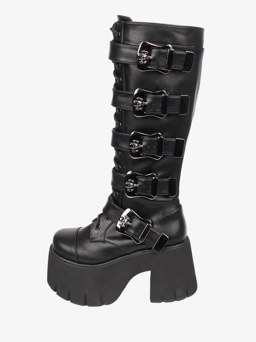Bottes Lolita Gothiques Oeillets Blancs Squelette Bout Rond Cuir PU Chaussures Lolita