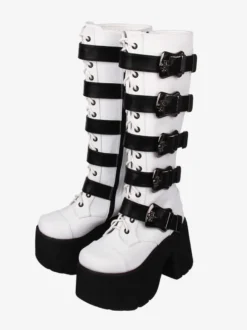 Bottes Lolita Gothiques Oeillets Blancs Squelette Bout Rond Cuir PU Chaussures Lolita