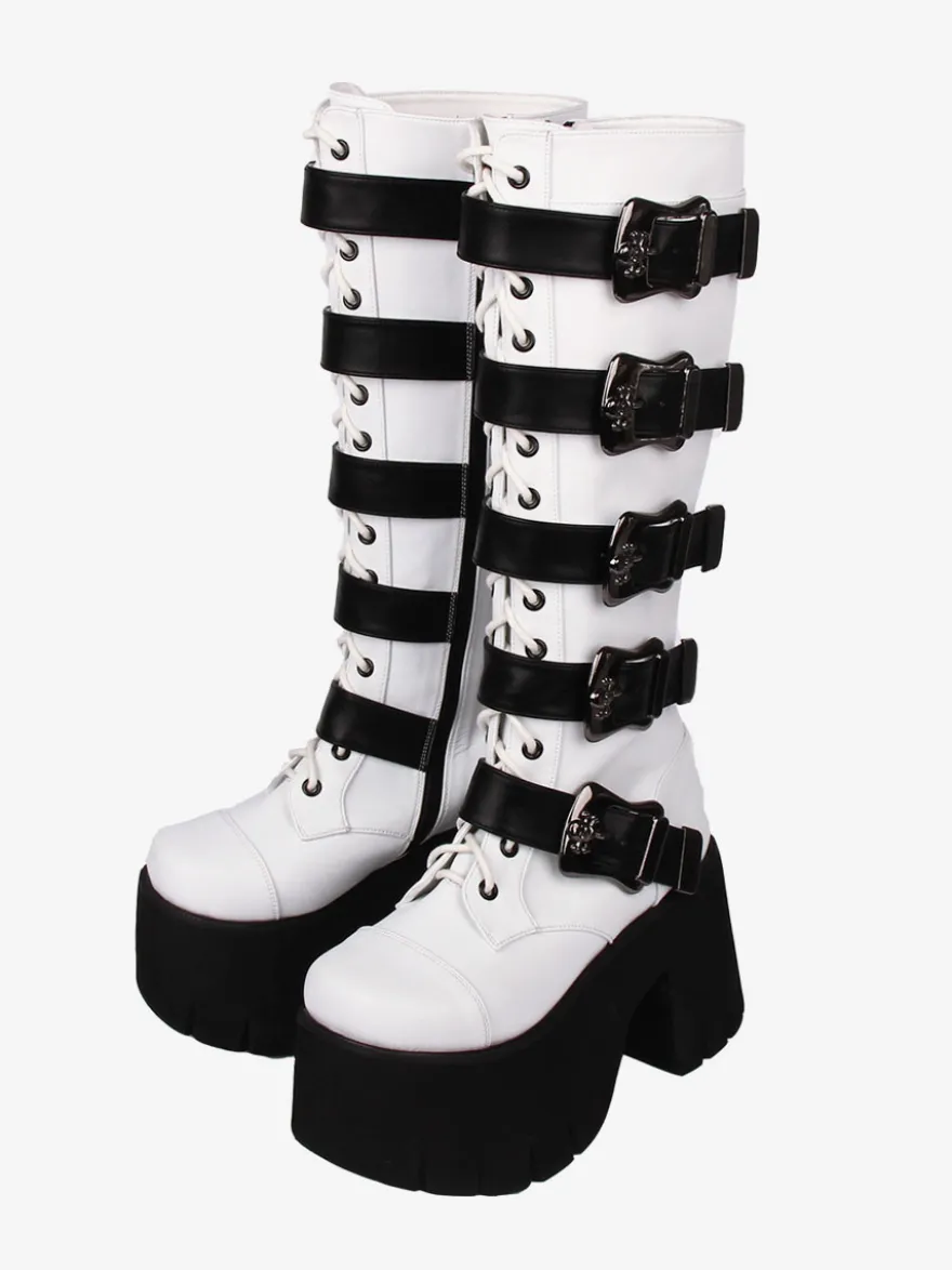 Bottes Lolita Gothiques Oeillets Blancs Squelette Bout Rond Cuir PU Chaussures Lolita