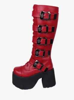 Bottes Lolita Gothiques Oeillets Blancs Squelette Bout Rond Cuir PU Chaussures Lolita
