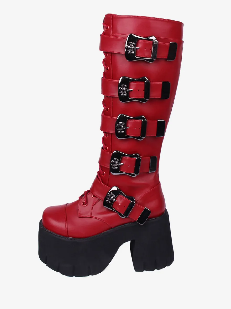 Bottes Lolita Gothiques Oeillets Blancs Squelette Bout Rond Cuir PU Chaussures Lolita