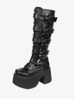 Bottes Lolita Gothiques Oeillets Blancs Squelette Bout Rond Cuir PU Chaussures Lolita