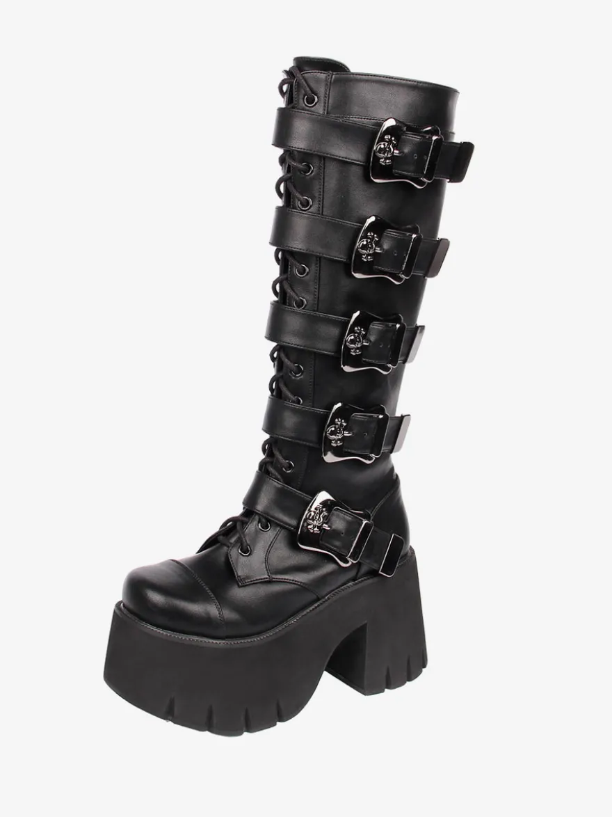 Bottes Lolita Gothiques Oeillets Blancs Squelette Bout Rond Cuir PU Chaussures Lolita