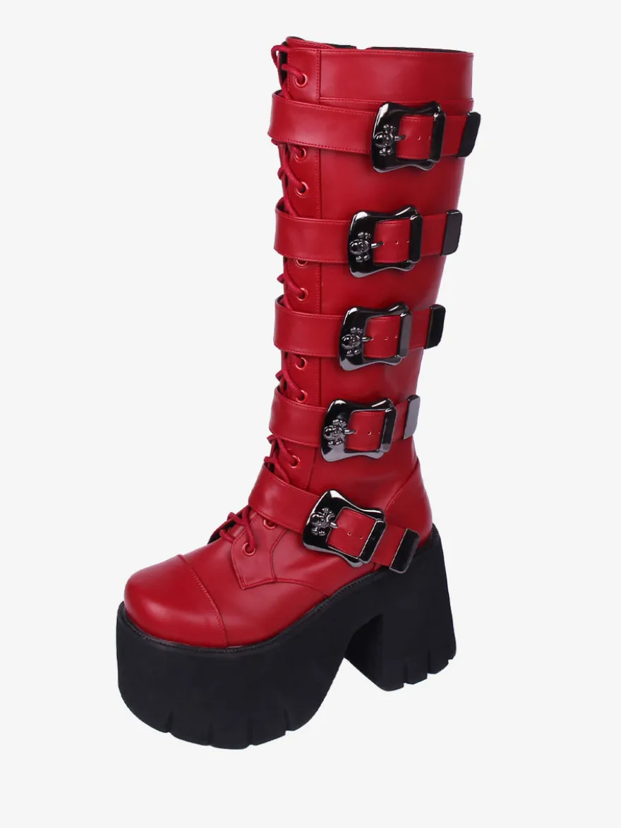 Bottes Lolita Gothiques Oeillets Blancs Squelette Bout Rond Cuir PU Chaussures Lolita
