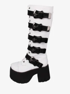 Bottes Lolita Gothiques Oeillets Blancs Squelette Bout Rond Cuir PU Chaussures Lolita