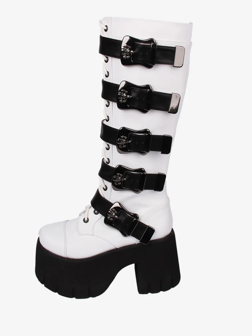 Bottes Lolita Gothiques Oeillets Blancs Squelette Bout Rond Cuir PU Chaussures Lolita