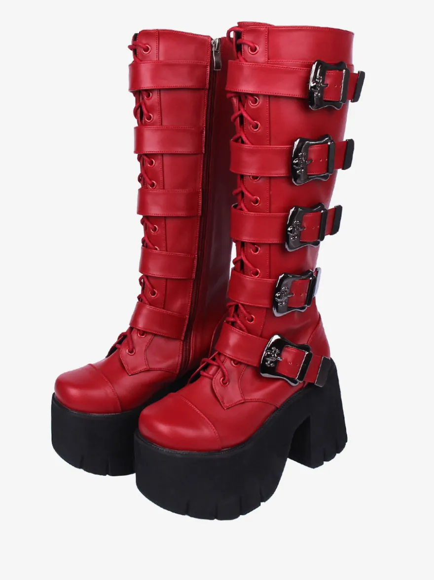 Bottes Lolita Gothiques Oeillets Blancs Squelette Bout Rond Cuir PU Chaussures Lolita