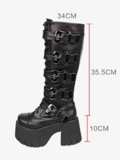 Bottes Lolita Gothiques Oeillets Blancs Squelette Bout Rond Cuir PU Chaussures Lolita