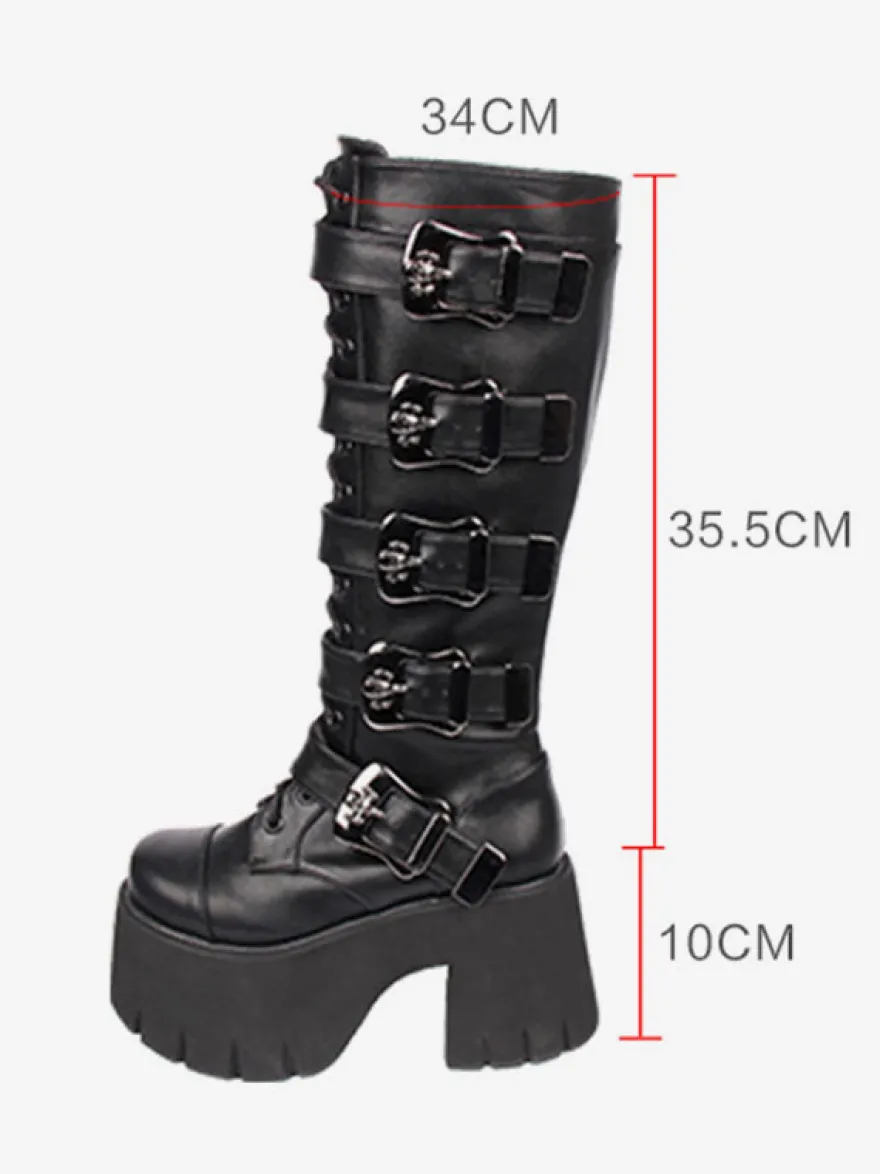 Bottes Lolita Gothiques Oeillets Blancs Squelette Bout Rond Cuir PU Chaussures Lolita