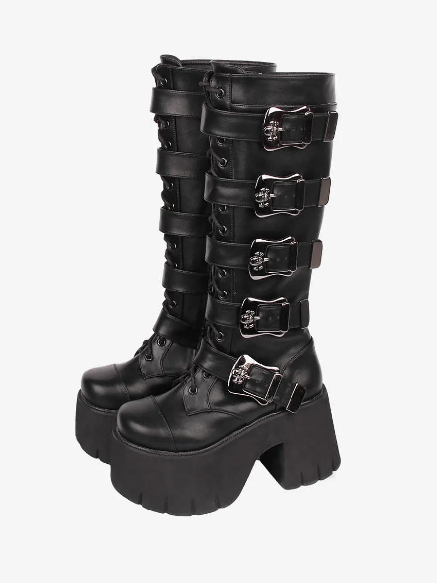 Bottes Lolita Gothiques Oeillets Blancs Squelette Bout Rond Cuir PU Chaussures Lolita