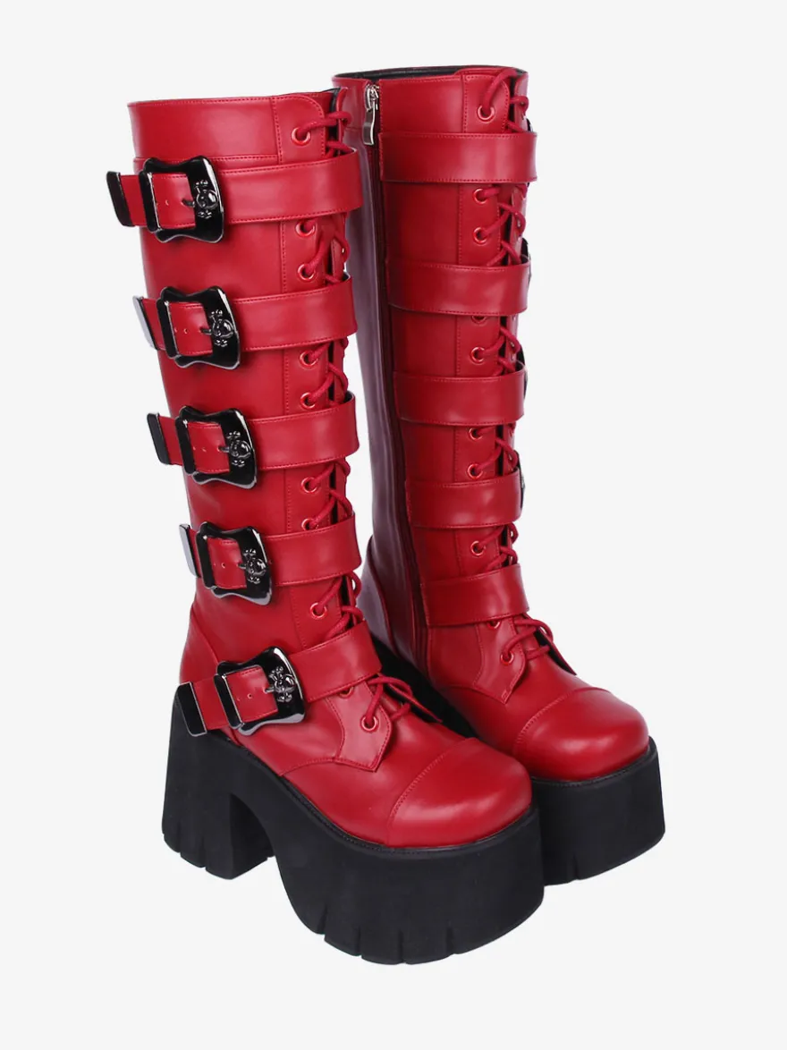 Bottes Lolita Gothiques Oeillets Blancs Squelette Bout Rond Cuir PU Chaussures Lolita