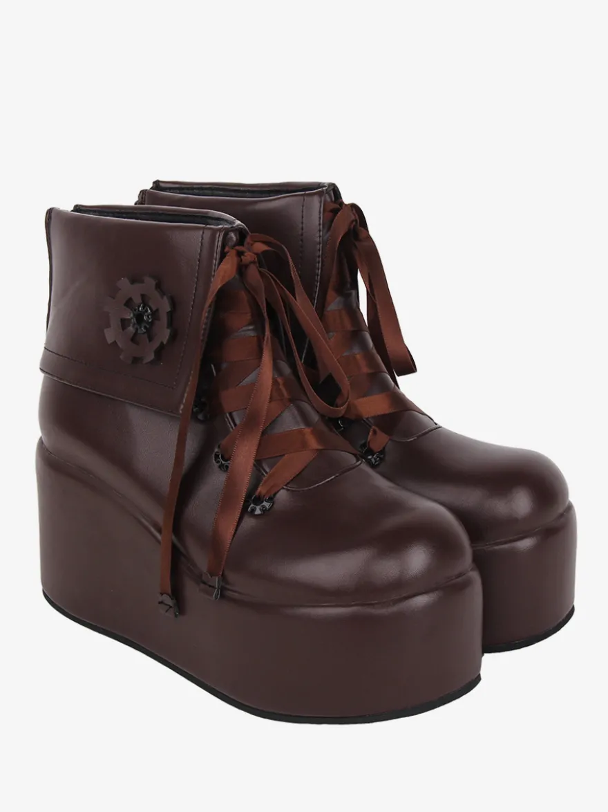 Bottes Lolita mignonne avec appliques noires imprimé floral bout rond chaussures Lolita en cuir PU