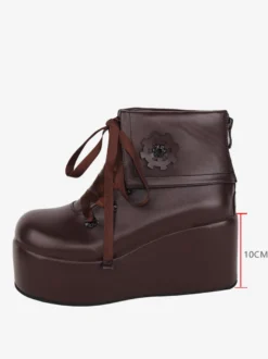 Bottes Lolita mignonne avec appliques noires imprimé floral bout rond chaussures Lolita en cuir PU