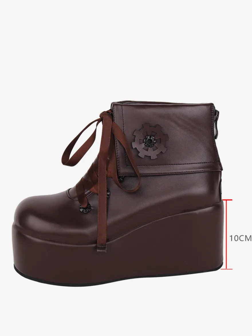 Bottes Lolita mignonne avec appliques noires imprimé floral bout rond chaussures Lolita en cuir PU