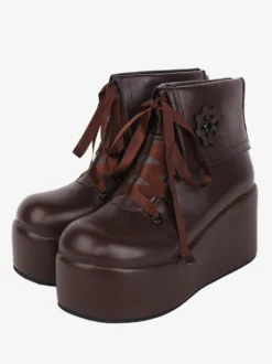 Bottes Lolita mignonne avec appliques noires imprimé floral bout rond chaussures Lolita en cuir PU