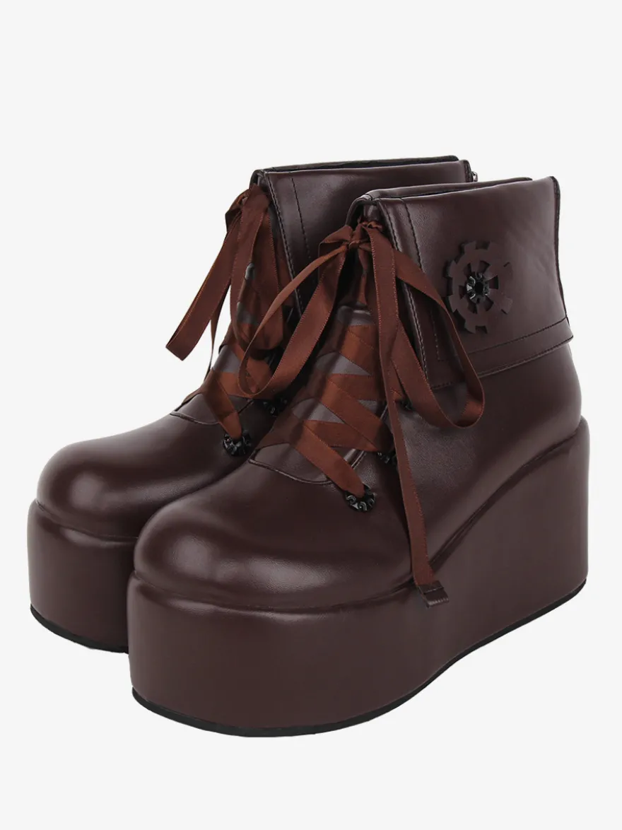 Bottes Lolita mignonne avec appliques noires imprimé floral bout rond chaussures Lolita en cuir PU