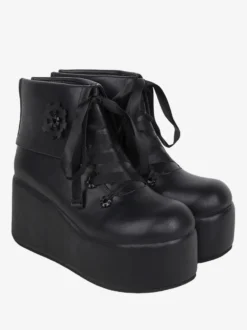 Bottes Lolita mignonne avec appliques noires imprimé floral bout rond chaussures Lolita en cuir PU