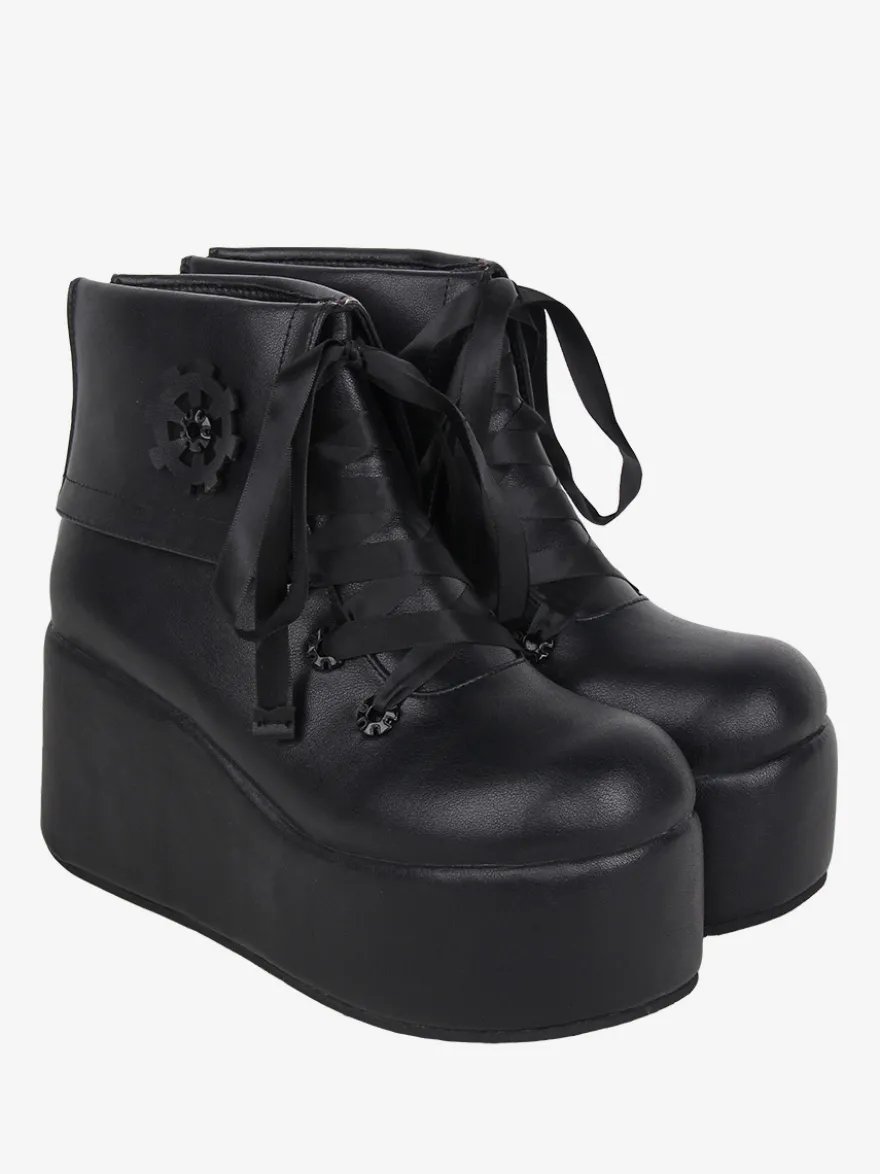 Bottes Lolita mignonne avec appliques noires imprimé floral bout rond chaussures Lolita en cuir PU
