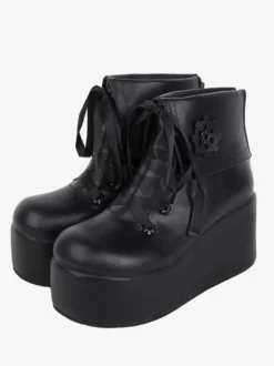 Bottes Lolita mignonne avec appliques noires imprimé floral bout rond chaussures Lolita en cuir PU