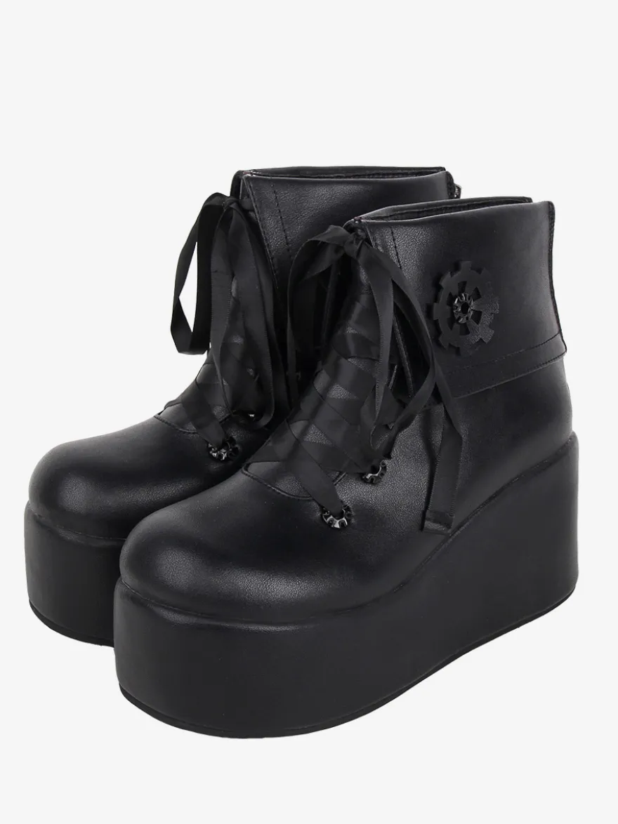Bottes Lolita mignonne avec appliques noires imprimé floral bout rond chaussures Lolita en cuir PU