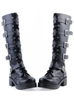 Bottes Lolita noirs à talons épais avec boucles Déguisements Halloween