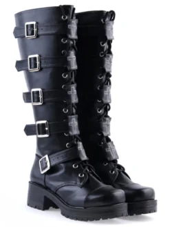 Bottes Lolita noirs à talons épais avec boucles Déguisements Halloween