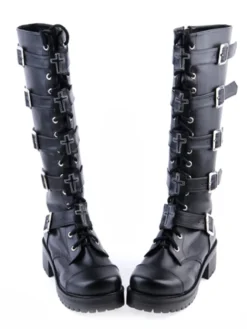 Bottes Lolita noirs à talons épais avec boucles Déguisements Halloween