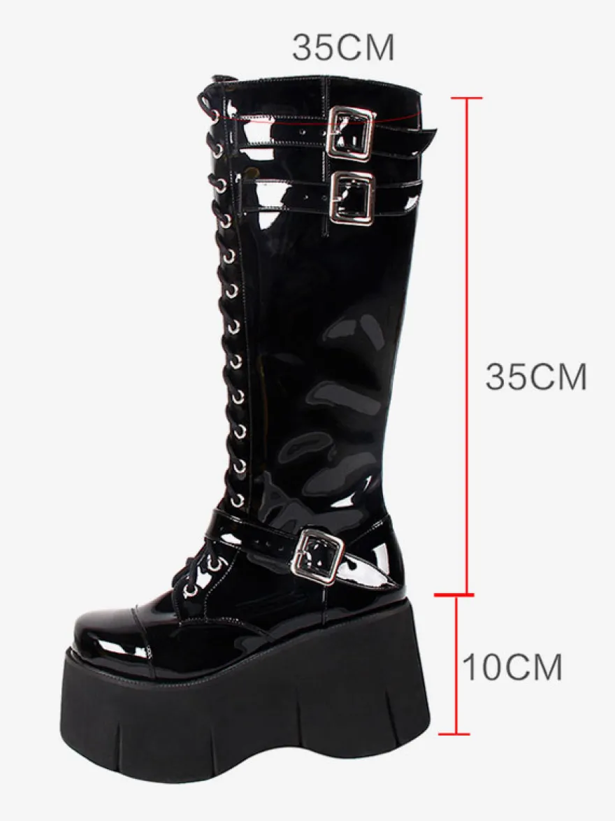 Bottes Lolita Steampunk Chaussures Lolita en cuir PU à bout carré noir