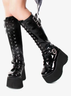 Bottes Lolita Steampunk Chaussures Lolita en cuir PU à bout carré noir