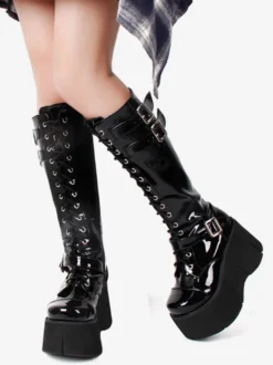 Bottes Lolita Steampunk Chaussures Lolita en cuir PU à bout carré noir