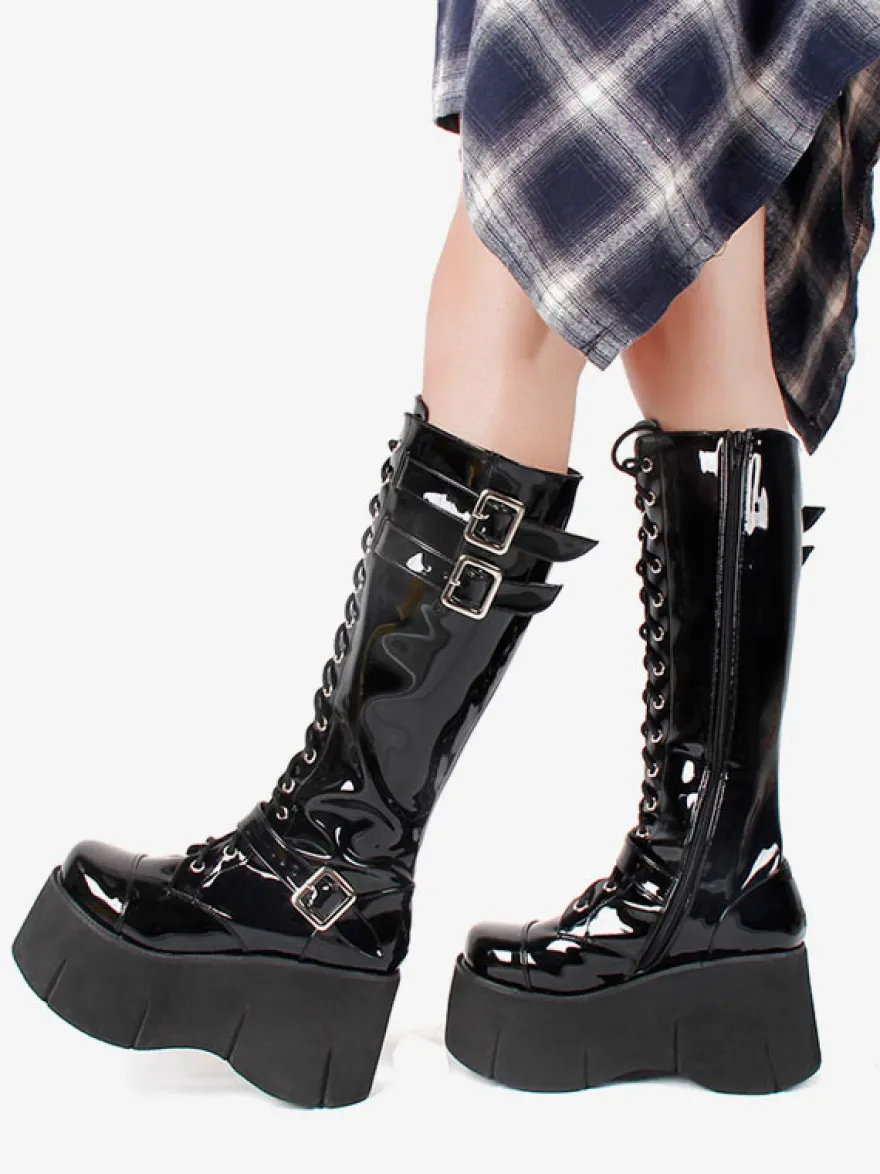 Bottes Lolita Steampunk Chaussures Lolita en cuir PU à bout carré noir