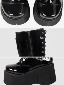 Bottes Lolita Steampunk Chaussures Lolita en cuir PU à bout carré noir