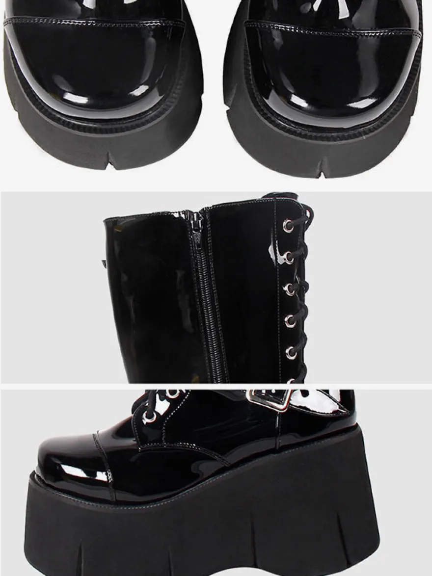 Bottes Lolita Steampunk Chaussures Lolita en cuir PU à bout carré noir