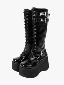 Bottes Lolita Steampunk Chaussures Lolita en cuir PU à bout carré noir