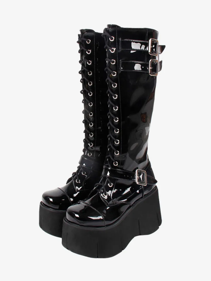 Bottes Lolita Steampunk Chaussures Lolita en cuir PU à bout carré noir